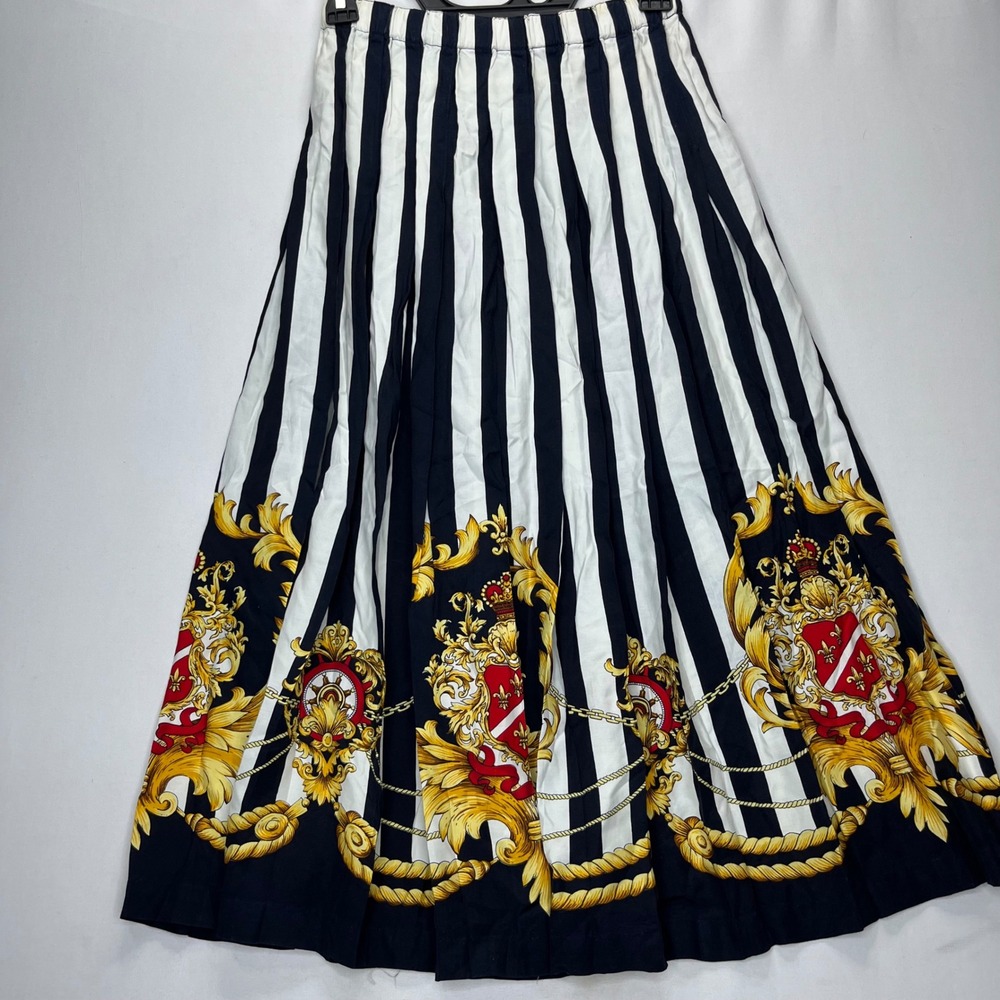 Talbots Skirt Petites Small Navy White Stripe Rayon Crest Pleated Midi Vintage - Picture 9 of 11
